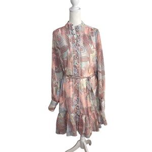NWT Boston Proper Paisley Womens Belted Shirt Dress Pink Blue Button Front Small